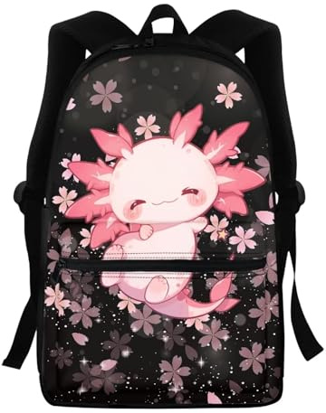 HELLHERO Kinder-Rucksäcke für Jungen und Mädchen, Schultasche, Vorschule, Elementar-Büchertasche, 1 Kirschblüten Axolotl, Medium