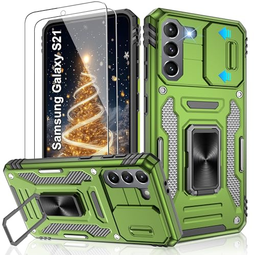 Jshru Handyhülle für Samsung Galaxy S21 5G Hülle Kameraschutz Slide Camera mit 2 Stück Schutzfolie, 360° Metall Ring Ständer Case, Stoßfest Schutzhülle für Samsung Galaxy S21 5G,Olive Grün