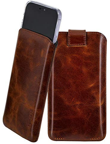 Suncase Leder Tasche kompatibel mit iPhone 16 Pro (6,3 Zoll) Hülle mit ZUSÄTZLICHER Transparent Case | Schale | Silikon Bumper Handytasche (mit Rückzugsfunktion und Magnetverschluss) in Tabak braun
