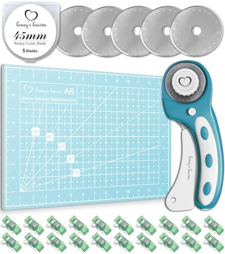 Honey's Heaven 45 mm Rollschneider Stoffschneider Set inkl. A6 Schneideunterlage, Ersatzklingen, Stoffklammern, Patchwork-Lineal (Türkis, Schneidematte im A6-Format)