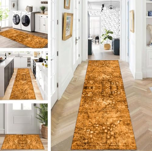 ZUZEKU Teppich Läufer Lang Flur Küche rutschfest waschbar Teppichmatten Modern Design Küchenläufer Gelbbraun 80X450cm Küchenteppich Meterware Esszimmer Schlafzimmer Wohnzimmer Schmutzfangmatte