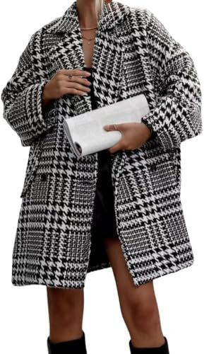Suncadmious Manteau d'hiver en Laine Pied-de-Poule à Double Boutonnage pour Femmes, Trench-Coat d'hiver Formel à Carreaux à Revers cranté (Noir,M)