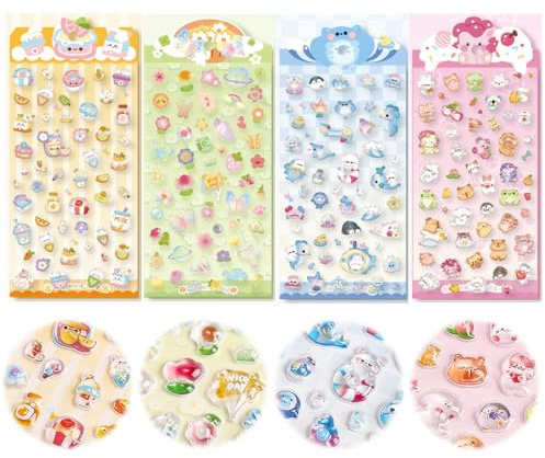 4 Bogen 3D Aufkleber für Kinder & Kleinkinder, Cartoon-3D-Reliefaufkleber, Geschwollen Stickers, Lustige Dekoaufkleber für Kinder, Wasserdicht und transparent