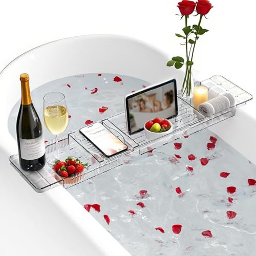 Badewannenablage, Verstellbares Badewannenbrett, Badewanne Ablagebrett Geschenk für Frauen,Transparentes Acryl-Tablett für Ipad und Bücher, Telefon, Kerzen, Wein und Tablet,Badewannen Zubehör