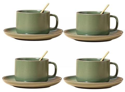 Modern Ceramic Coffee Cup Set of 4-250ml Minimalist Cups & Saucers with Spoon, Microwave & Dishwasher Safe, Ideal for Afternoon Tea, Cappuccino, Flat White Coffee or Office Use (4, Green)