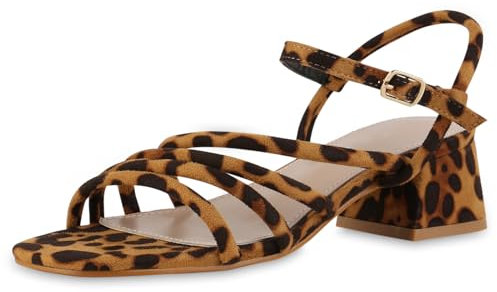 VAN HILL Damen Riemchensandaletten Blockabsatz Basic Party Schuhe 216638 Hellbraun Leo 41
