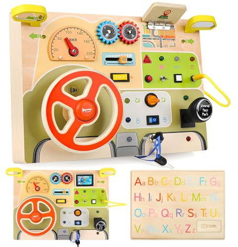 Joollurm Montessori Busy Board with Simulated Steering Wheel and Car Start Sound Effects, Wooden Fidget Board with LED Light Switches, Travel Toy Gift for Kids 3+ Years Old