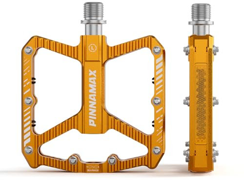PINNAMAX Fahrradpedale, CNC-Aluminium, 9/16 Zoll, rutschfeste Plattform, 3 Lager, Fahhrad Pedale für Rennrad, MTB, E-Bike (Gold)