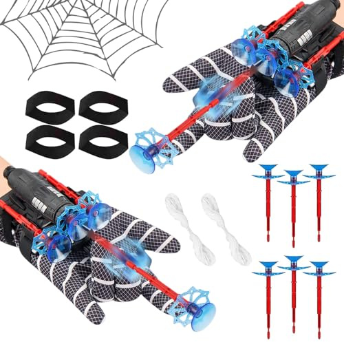 Spiderm Werfer Kinder, 18 Stück Spider Launcher, Schwarz Spider Handschuhe, Handgelenk Spielzeug Set, Cosplay Glove Launcher, Saugnapf Darts, Seil, Maskerade, Kinder Geschenk, Rollenspiel Party
