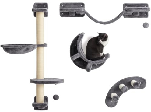PawHut 4 Piece Cat Shelves, Cat Wall Furniture with Hammock, Dark Grey | Scratching Posts, Soft Ladder, Steps, Jump Platforms, Hanging Ball, Indoor Kittens, Space Saving