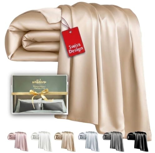 Welldora Deckenbezug 220x240 | 100% Seide 22 Momme | Bettwäsche Beigegold | Luxuriöser Seidendeckenbezug aus Maulbeerseide | Höchste Güteklasse 6A, sanft zu Haut & Haar | OEKO-TEX zert. in der Schweiz