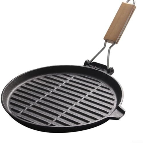 Sartén de hierro fundido con mango plegable y parrilla acanalada, diseñada con borde de jugo para evitar desorden y gancho para colgar fácilmente