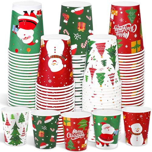 Fovths 100 Stück Weihnachts-Pappbecher 9oz, Glühwein Einweg-Pappbecher, 5 Designs, Weihnachts-Partybecher für Heißgetränke drinnen Punschbecher Partyzubehör Tischdekoration