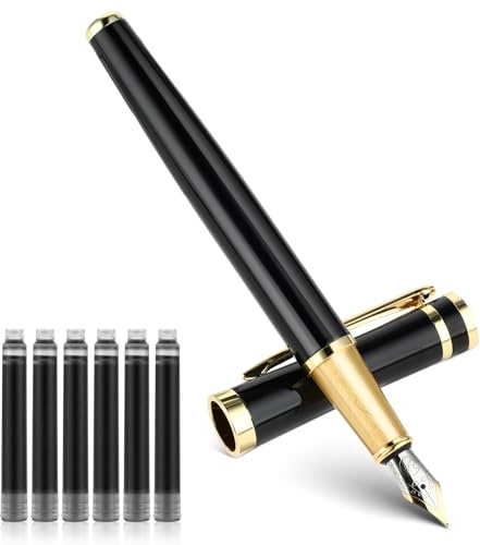 Andibro Luxury Metal Fountain Pen Set, 0.5 mm Fine Nib Fountain Pen with 6 Pcs 2.6mm Black Ink Cartridges Smooth Writing Pen Gift for Men Women Business Office Journaling