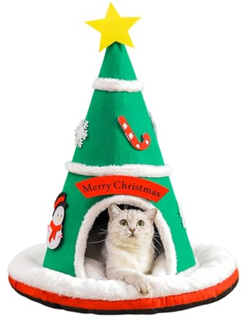 Xmccvt Albero di Natale per gatti per interni, 60 x 60 x 70 cm, grande casa per gatti a forma di albero di Natale, tenda con cuscino staccabile, cuccia per animali domestici per cani e gatti