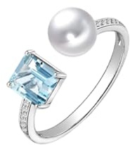 Daesar Eheringe 585er Weißgold, Damen Ringe Offen mit Aquamarin Perle und Diamant Trauringe Ringe Verlobung und Hochzeit Gr.65 (20.7)