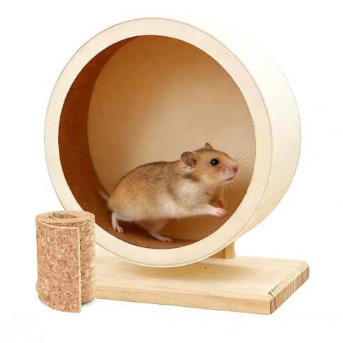 Biigdan Hamsterrad Holz Leise Kugellager Ø 15 cm,rutschfest Laufrad Hamster mit Kork-Bezug,Hamster Rad mit Ersatz-Korkstreifen,für Rennmäuse,Syrischer Hamster,Zwerghamster,Hamster Zubehör