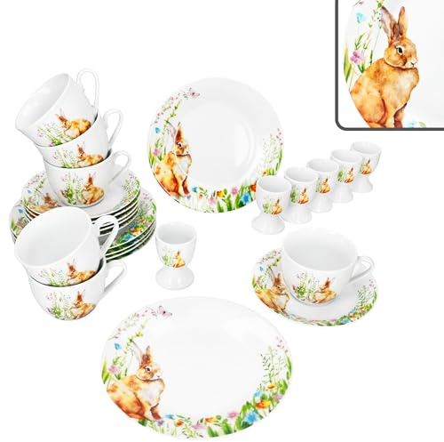 MamboCat Osterfreude 24tlg Frühstücksset I 6x Kuchenteller, 6x Kaffeetassen 200 ml, 6x Untertassen & 6x Eierbecher mit Osterhasen-Dekor I 6 Personen, Porzellan I Frühstück & Kaffee