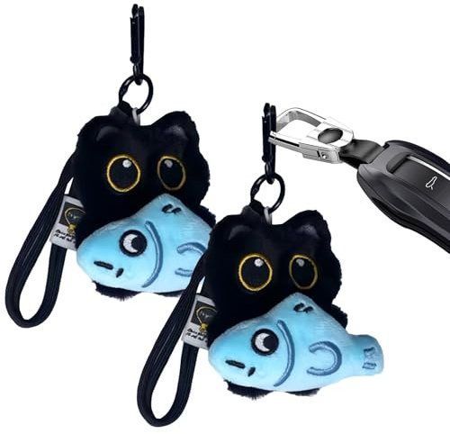 Plüsch Katzen Schlüsselanhänger 3D Cartoon Charm Katzenanhänger mit Fisch | Schwarzer Katzen-Plüsch-Schlüsselanhänger Für Taschen Rucksack Rucksäcke Handtaschen Mädchen Frauen Teenager Kinder