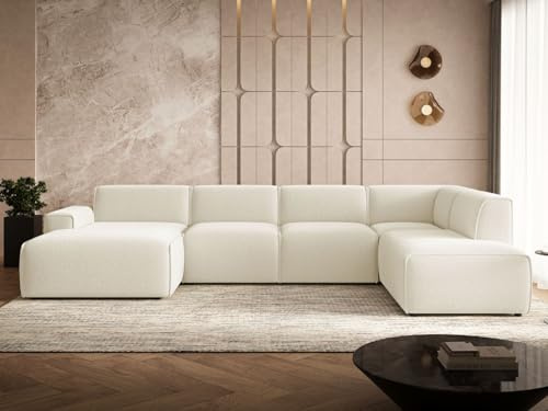 GRAINGOLD Belluno Ecksofa 378x220 cm, U-Form Sofa, Ecksofa für Wohnzimmer, Bouclé Stoff, 5-Sitzer Wohnlandschaft, Modernes Design (Hellbeige, Rechts)