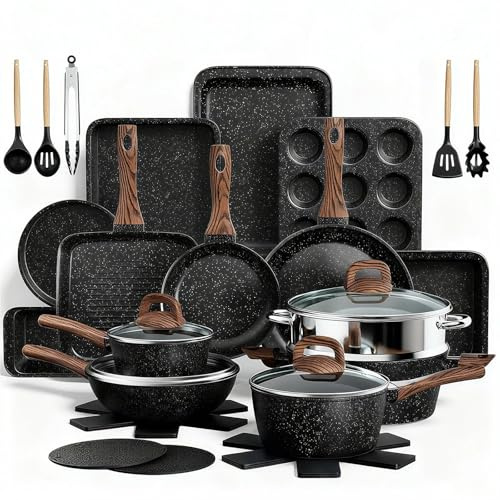 Terlulu Pots and Pans Set Non-Stick, 31PCS Induction Hob Cookware & Bakeware Set, Induction Pan Set with Frying Pans, Grill Pan & Saucepans W/Lids, Black Granite Kitchen Cooking Set, PFOA & PFOS Free