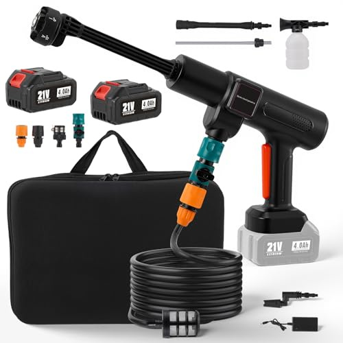 Limpiador de alta presión con batería, 1200 psi/83 bar, 500 l/h, 2 niveles ajustables, pistola portátil con 2 baterías de 4000 mAh, boquilla giratoria 6 en 1, manguera de 8,5 m para coche, suelo
