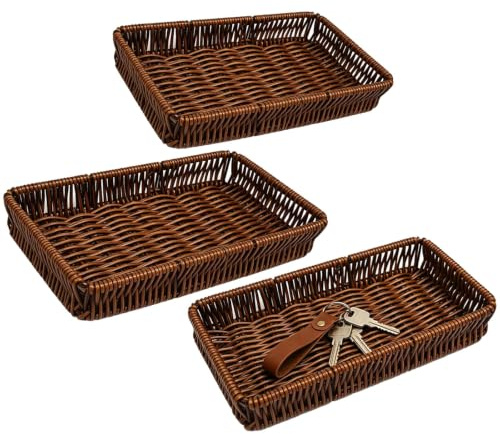 3 Pcs Key Bowl, Three Woven Trays for Hallways Organisation, Rattan Tray, Key Dish Holder with Dimensions 23.5 cm by 8.5 cm by 4 cm, Practical Key Tray for Daily Essentials Storage