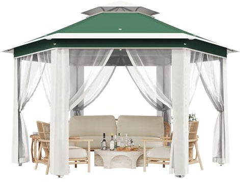 GarveeLife Gartenpavillon 6-Eck, 2x2 m Sonnenschutz Pavillon mit Netzvorhängen und Reißverschlusstür, Höhenverstellbar 2,60-2,82 m, UV-Schutz UPF50+, wasserdichtes Dach & Stabiler Stahlrahmen