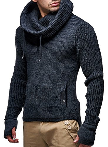 Leif Nelson Herren Strickpullover Schwarz mit Kragen/Hochwertiger Winterpullover Regular Fit, ideal für Casual-Looks, Langarm Größe L