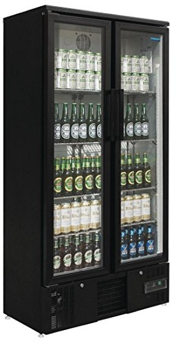 Polar Refrigeration G-Series 400W Upright Back Bar Cooler Display Fridge with Hinged Doors 490 Litre, Black, 2°C to 8°C, 1880(H)x920(W)x514(D)mm, 8 Shelves, Energy Rating C | GJ449 | Holds 8 shelves to maximize merchandising space, running on a 2°C to 8°C range for professional commercial use.