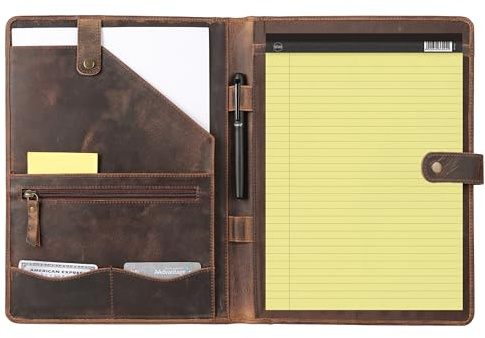 KomalC Leather Portfolio Folder with Luxury Pen and Button Closure | Business Padfolio for Professionals | Vintage Organizer with Legal Pad Holder & Card Slots (Distressed Tan)