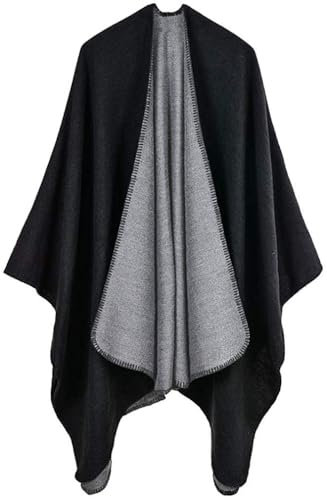 Shmily Girl Damen Poncho Habe Gestrickt Überdimensionalen Decke Kap-Schal (Schwarz & Grau)