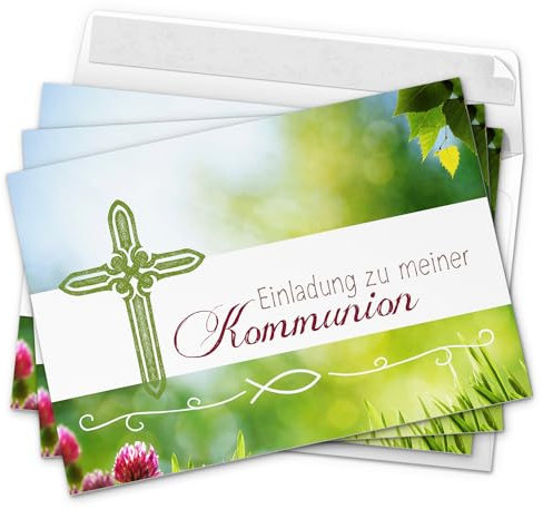 10 x Einladungskarten Kommunion mit Umschlag/Frühlingswiese mit Kreuz/Kommunionskarten/Einladungen zur Feier