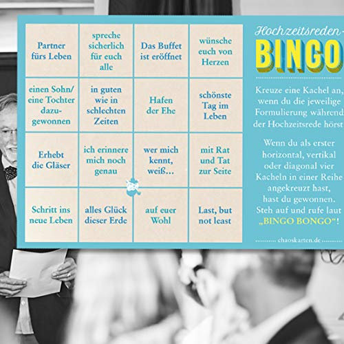 Chaoskarten Hochzeitsreden-Bingo + Platzkarten Original – 55 Blanko Tischkarten Deko Namenskarten für die Hochzeit
