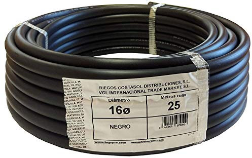 Riegopro Tubería Lisa Negra para riego por Goteo 16mm. Rollo de 25 Metros. Riego para jardín, macetas, huerto Urbano, etc.
