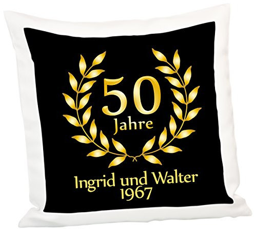 Geschenke 24 Personalisiertes Kissen – goldene Hochzeit: schwarzes Dekokissen 40x40 mit individuellem Wunschnamen und Jahreszahl, persönliche Geschenkideen zum Hochzeitstag