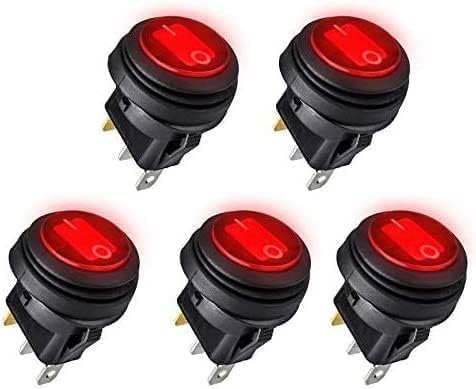 Linkstyle 5 Stück Wasserdichter Runde Kippschalter, 12V 20A 3 Pin SPST EIN/AUS Wippschalter mit Rot LED Licht für Auto Boot