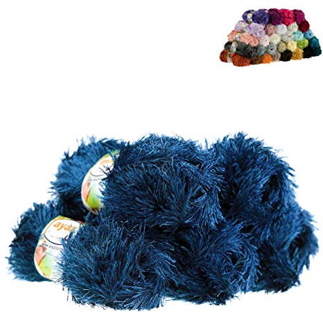 Fransen-Strickgarn Yumos 5 Knäuel je 150m/100g Strickgarn Wolle Strickwolle, Nadelstärke 4-5, Häkelnadel 3, Farbe:1148 marineblau