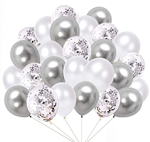 60 Stück Luftballons, Silber Weiß Konfetti Matellic Latex Helium Ballons für Hochzeit Mädchen Kinder Geburtstag Party Dekoration (Silber)