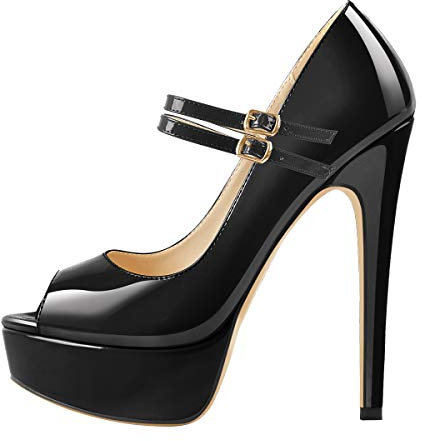 Only maker Damen Peeptoe High Heels Absatz Mary Jane Plateau Schuhe Lack Schwarz 45 EU