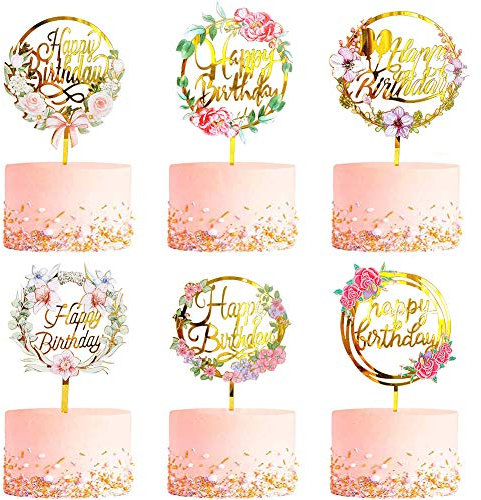 6 Pack Happy Birthday Cake Topper, CBGGQ Multicolour Acrylic Cupcake Topper for Various Birthday Party Cake Decoration for Girls Kids Baby Birthday Wedding Mother Cake Decorations Supplies (Flowers)