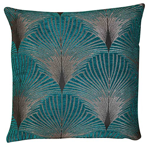 Linen Loft Art Deco Retro Fan Extra-Large Cushion Cover. Teal Blue and Silver Vintage Design. Luxury Velvet Chenille. 23x23 XL Square Cushion. Cover Only.