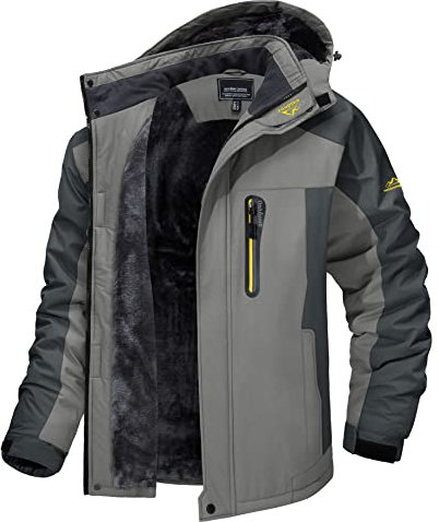MAGCOMSEN Men's Outdoor Waterproof Jackets Walking Jacket Mens Winter Work Jackets for Men Windproof Warm Coats Mens Parka Jacket Fur Hood Light Grey, XL