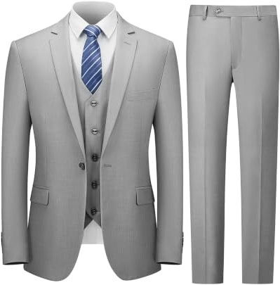 Cooper & Nelson Traje ajustado para hombre, traje de 3 piezas para hombre, chaqueta de color liso de un botón, chaleco y pantalones con corbata, conjunto de esmoquin, Gris claro, X-Large