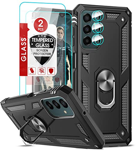 LeYi Funda para Samsung Galaxy M13 4G / M23 5G con 2 Piezas Vidrio Templado y 2 Piezas Protectores Lente Cámara,Armor Carcasa con 360 Anillo Soporte Hard PC y Silicona Antigolpes Case,Negro