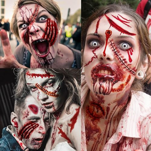 LAROI 215+ Stück 30 Blätt Temporäre Tattoos Halloween Narben Gesichtstattoo Frauen Männer Fake Wunden Blut Narben Halloween Tattoos Gesicht Zombie Makeup Schminke Erwachsene Gruselig Party Accessoires