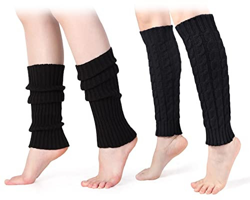 Neer Black Leg Warmers for Women 2 Pair Knit High Ankle Warmers Crochet Ribbed Stretch Knee Leg Socks Winter Accessories