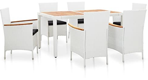 Gecheer 7-TLG. Garten Essgruppe 6 Personen, Terrassenmöbel Set, Sitzgruppe Esstisch mit Holz-Tischplatte & 6 Stühle mit Kissen, Gartenmöbel Set Poly Rattan Weiß