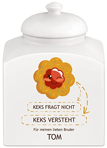 Maverton Keramik Vorratsdose mit Deckel + Aufdruck, weiß | Deko Aufbewahrungsbox für Kekse, Vorratsglas für Süßigkeiten, Plätzchendose für Männer zum Geburtstag