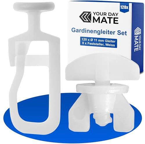 Gardinengleiter für Innenlaufschienen, 128 Stück, mit Ø 11 mm Flachkopf, Set mit 8 Gardinen Feststeller, in Weiß, Faltengleiter für Vorhangschiene, Gardinenschiene, Vorhang Gleiter, Gardine Rollen